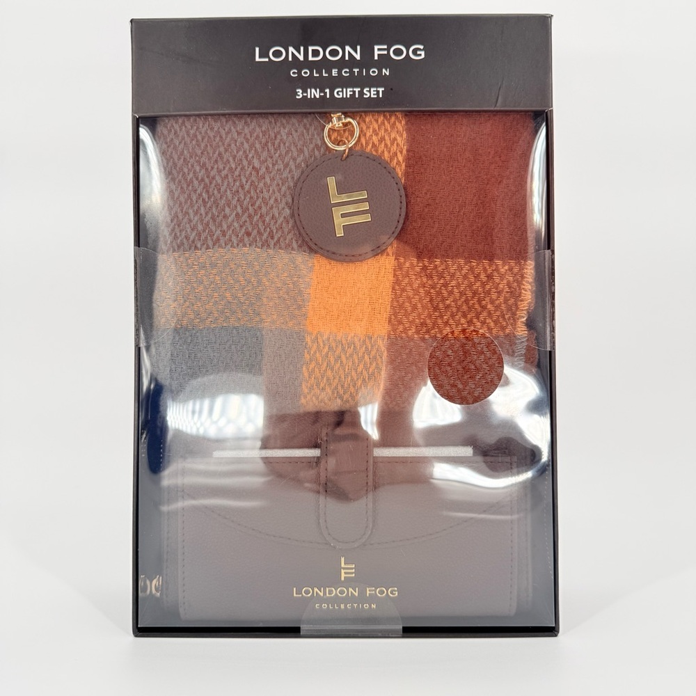 London Fog Collection 3 in 1 Gift Set Plaid Scarf Brown Wallet Keychain Academia